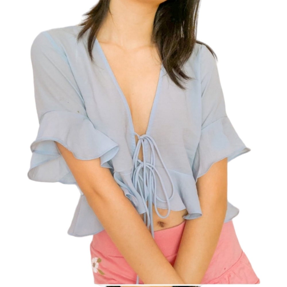 Princess Polly Felicity Sinclair Tie Front Top Baby Blue Size 8 Ruffle Sleeve - Picture 2 of 11